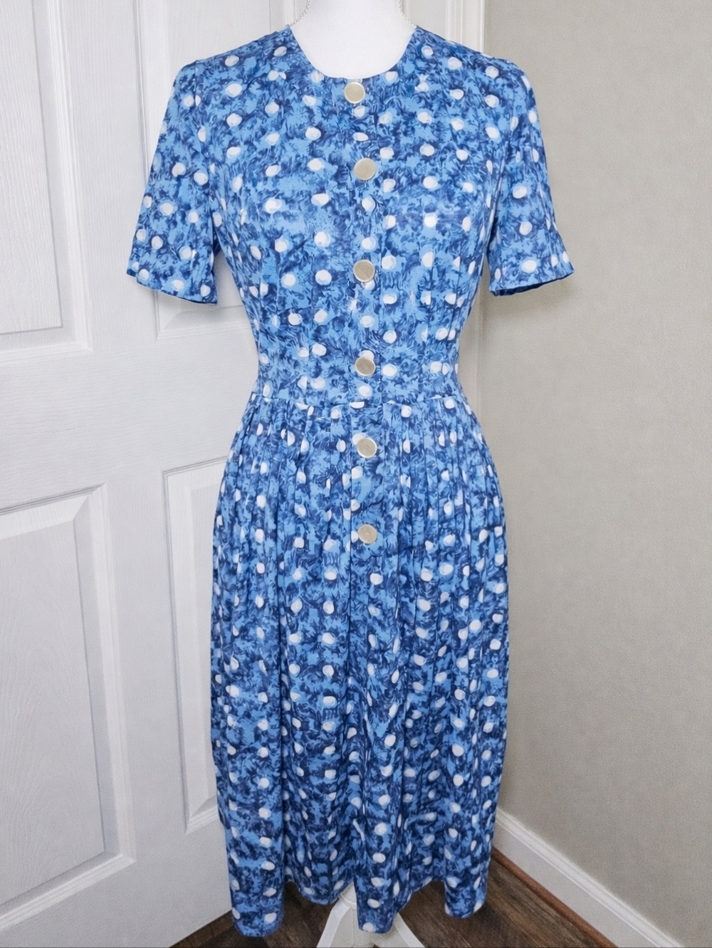 Vintage 1950s Shelton Stroller Blue Polka Dot Dress Pleated Waist Button Front